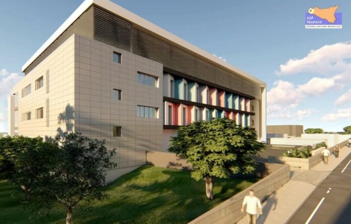 Rendering della nuova palazzina per radioterapia e ampliamento dell’ospedale Sant’Antonio Abate di Trapani