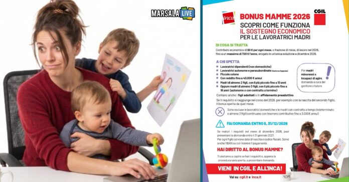 Locandina informativa Cgil e Inca sul Bonus Mamme 2026 destinato alle lavoratrici madri