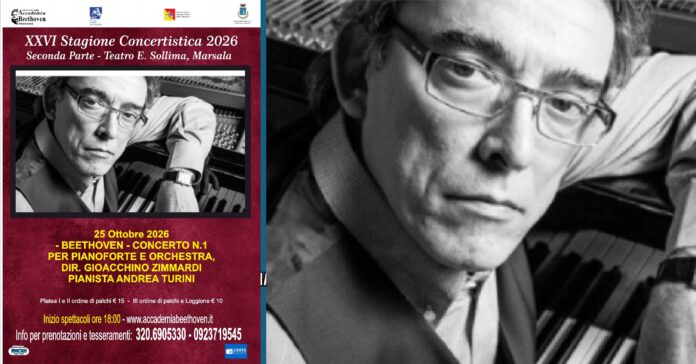Locandina del concerto al Teatro Sollima di Marsala con il pianista Andrea Turini protagonista della Stagione Concertistica 2026
